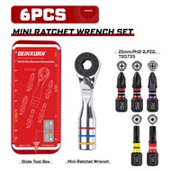 Geinxurn 6PCS Mini Ratchet Wrench Set ULTRA TORQUE Bits with 1 PH2 PZ2 T20 T25 SQ2 Portable Iron Box