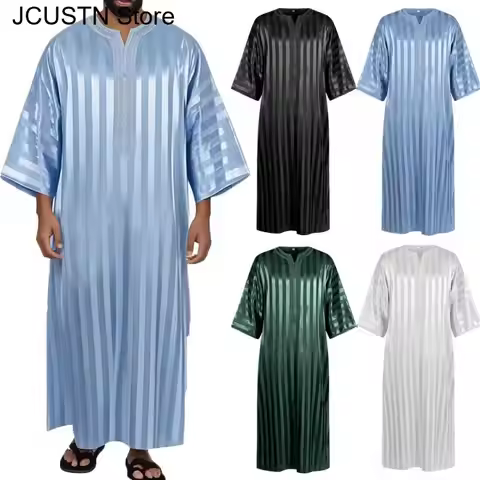 Muslim Abaya Islamic Clothing Men's Embroidered Striped Jubba Thobe Moroccan Dubai Kaftan Eid Prayer