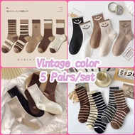 【5 Pairs / Set】Vintage Socks Harajuku Style Comfy Cotton Stokin Wanita Gaya Retro Stokin Tebal Selas