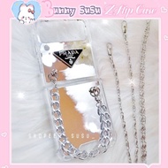 Samsung Z Flip 3 - Z Flip 4 - ZFlip3 - Flip4 5G Pr4da silver mirror case with 2-strap combo