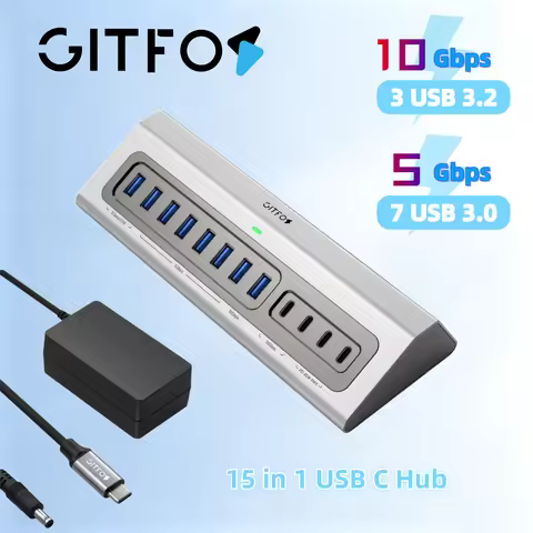 Powered USB Hub 15 in 1, USB 3.2 10Gbps Hub with Power Adapter, 7 USB A 3.0 Ports USB C, Docking Sta