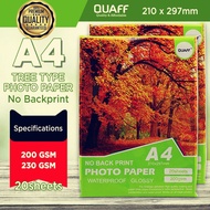 QUAFF Photo Paper Tree TypeNo Back Print Glossy Inkjet Paper A4 200GSM / 230GSM (20 sheets / pack)