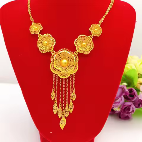 24K Gold AU999 Women's 5-Flower Trendy Set - 3D 5-Petal Layered Pendant + Thin Chain, Gradient Petal