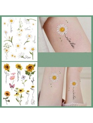 刺青貼紙,2入組小雛菊向日葵花卉圖案暫時性紋身貼紙,夏季限定,適用於手臂、腿、背部等部位,防水