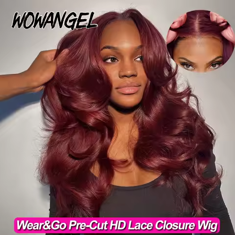 Wear&Go Pre Cut HD Lace Closure Wigs 250% 99J Burgundy Colored Body Wave Wigs 5x5 HD Transparent Lac