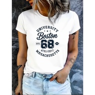 White T-Shirt with University Boston 68 Athletics Department Massachusetts Print | Casual Crew Neck,