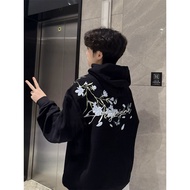 Style High Street Flower Butterfly Embroidered Hooded Sweatshirt Men s Spring and Autumn Loose Coupl