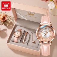 OLEVS Jam Tangan Wanita Original Elegan Anti Air Warna Pink SetTali jam tangan kulit Berlian Kotak H
