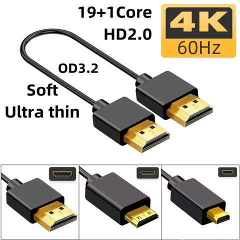 Ultra-thin HD2.0 Cable 4K@60Hz 19+1Core Mini/Micro-HD Male-Male Light Cord OD3.2mm for PC/PS4/Camera