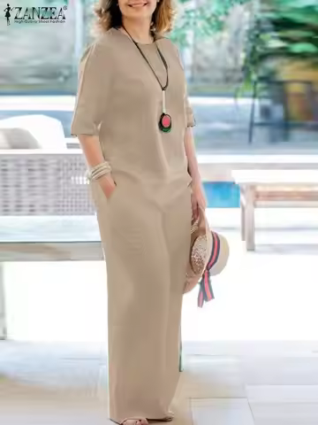 ZANZEA 2PCS Women Outfits Fashion Matching Sets Summer Causal Blouse & Wide Leg Pants Solid Loose Tr