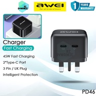 Awei PD46 Charger Adapter 45W Fast Charging Charger 45W Charger Wall Plug 3 Pin UK Plug Awei Charger