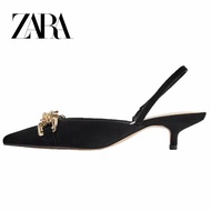 Zara Black Shallow Mouth High Heels Pointed Toe Covered Back Strap Stiletto Mid-Heel Shoes Women