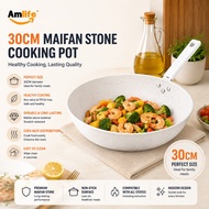 Amlife Non-Stick Pan 30CM Maifanite Material Large Capacity White Frying Pan for Induction Cooker