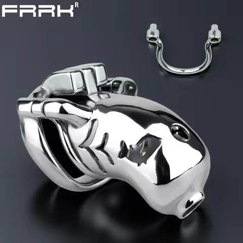 FRRK Curve Cylinder Male Chastity Cage with Anti-Fall Off Ring Big Mouth Open Heavy Duty Metal Cock 