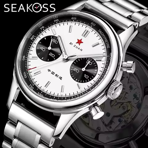 SEAKOSS Panda 1963 Chronograph Mechanical Men's Wristwatch Seagull st1901 Movement Gooseneck 40mm Lu