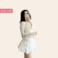 Áo Ren Dài Tay Trễ Vai GUDLOOK Đính Hoa Hồng Ngực Ống Tay Loe Sang Xịn Mịn Áo Nữ Thu Đông