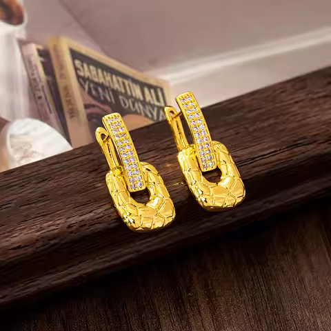 24K Gold Zircon-Inlaid Geometric Square Earrings Women AU999 - 24K forged, AU999 certified, geometri