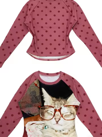 Women's Casual Daily Top Pink Embellished Cat Graphic Print Polka Dot Raglan Sleeve Crew Neck Croppe