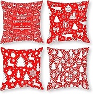 Cushion Cover, 65x65cm Set of 4, Christmas Red and White Soft Velvet Throw Pillow Cases 26x26in, Square Sofa Cushion Cover with Invisible Zipper for Couch Bed Car Bedroom Home Decor