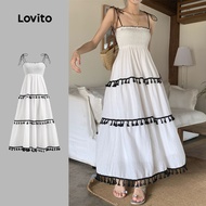 Lovito Boho Dress Fringe Smocked Ruffle Hem Summer/Spring Dress for Women L129ED163 Lovito Pakaian B