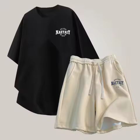 【 M-8XL 】 Loose Large Size Discount Set Daily Edition Letter Print T-shirt Drawstring Shorts Unisex