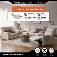 ⚡READY STOCK⚡HOMURA Furniture ELLA 1R+2+3 EASY CLEAN Fabric Recliner Sofa Set / Velvet Fabric / 123 