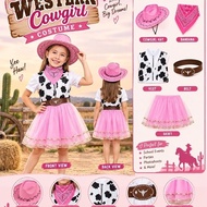 Kids Western Cowgirl Costume Set with Hat Bandana Vest Skirt and Belt Pink Z1