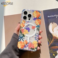 KISSCASE For iPhone15ProMax Painted Floral Wireless Charger Magsafe Case High Permeability and Yellow Resistance HD Clear Transparent Case For iPhone 15 Pro Max 14 Plus 13 12 Back Cover