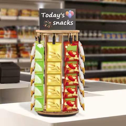 Snack Display Rack with 360°Rotating Wooden Base Easy Install Chip Rack Display Stand Space Saving S
