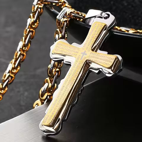 Catholic Spanish Bible Cross Pendants Necklace Stainless Steel Byzantine Link Chain Necklaces Bible 