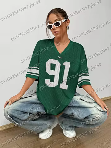 Women's V-Neck Sporty Jersey T-Shirt Casual Letter Print & Number 98 Summer Casual Wear Sports Fashi