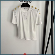 2025 Round Neck Genuine Shoulder Metal Button Epaulette Design t-Shirt Tencel Ice Silk Short-Sleeved