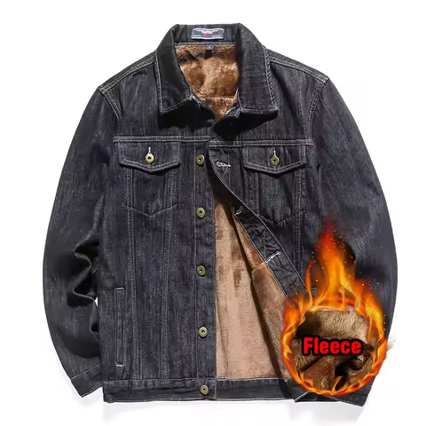 2026 New Men's Winter Warm Denim Jacket Classic Black Light Blue Fleece Thicken Slim Fit Jeans Jacke