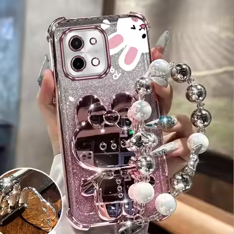 Airbag Glitter Mirror Rabbit Phone Holder Case On For Vivo Y01 Y02 Y02S Y5S Y15S Y15A Y17 Y17S Y19 Y