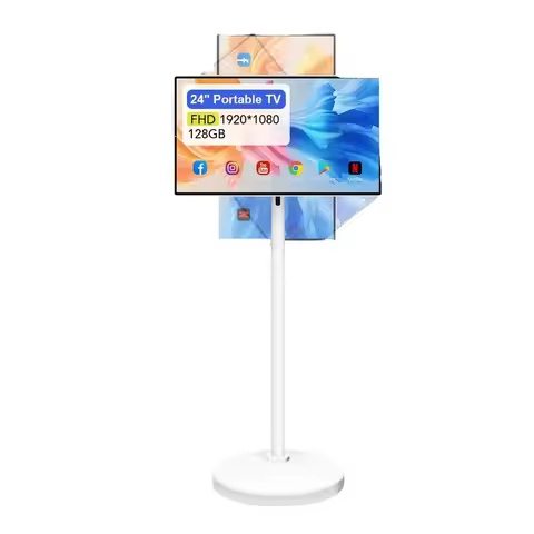 24 Inch Android Smart TV Portable LED Monitor White Movable Display Stand for Home Kitchen Bedroom L