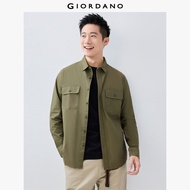 GIORDANO ผู้ชาย  เสื้อเชิ้ต 100% Cotton กระเป๋าคาร์โก้ เสื้อเชิ้ตแขนยาว ลายตาราง เสื้อเชิ้ตแฟชั่นพื้