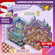 [KW] BIG Landscape Sticker – Cyberpunk Ramen & Haunted Hotel | Scene Stickers for Journaling, Scrapb