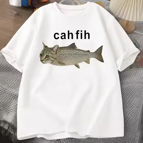 Cah Fih T-Shirt Fih Funny Mispelled Fish Meme T Shirt Cat and Fish Graphic Humor Tshirt Casual Short