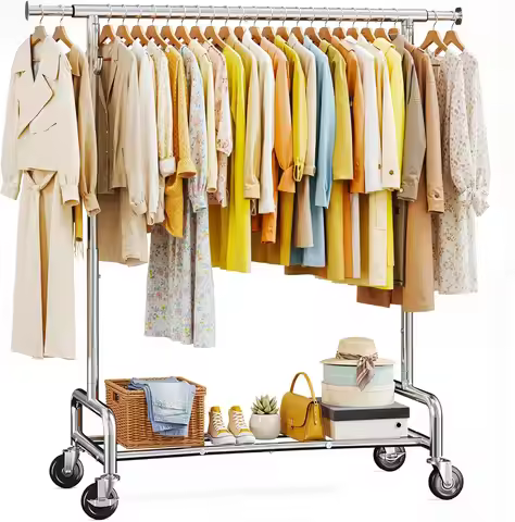 76''W Clothes Rack, Heavy Duty Clothing Rack Load 450 LBS, Lockable Wheels & Adjustable Height, Garm
