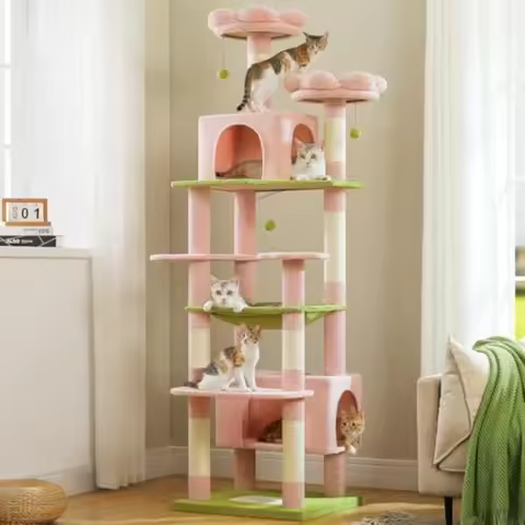 Flower Cat Tree for Large Cats 81 Inches Pink Tall Cat Tower with 2 Perches 2 Condos and Spacious Ha