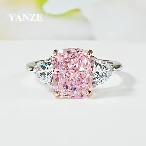 Luxury 4CT Pink Diamond Rings Radiant Ice-Cut 925 Silver Ring with High Carbon Diamond Square Rings 