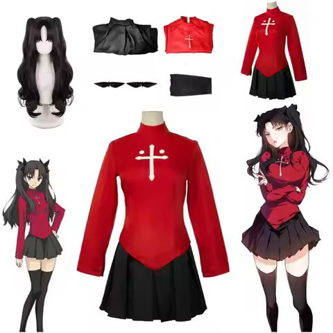 Anime Fate Stay Night Tohsaka Rin Cosplay Costume Full Set Women Red Top Skirt Wig Halloween Carniva