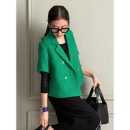 Short Sleeve Blazer Tweed Green - Woman At Work Tweed Blazer