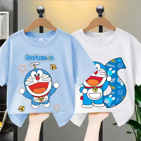 New Doraemon Letters A-Z T-shirt for Child Cute Cartoon Short Sleeved Summer Tops Fashion Kid Clothe