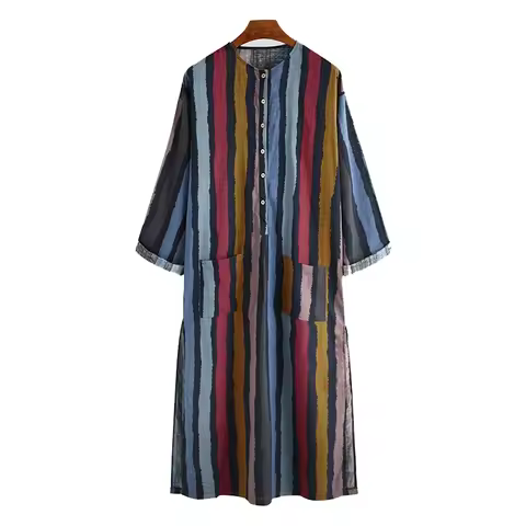 Men Arabian Striped Shirt Nightgown Robes Ethnic Clothing Long Sleeves Retro Kimono House Skirt Cott
