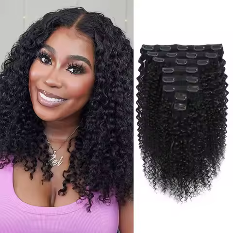 Brazilian Human Hair Clip Ins - Jerry Curly 3B 3C - 16-24 Inch 7Pcs Extensions - Blend Well Natural 