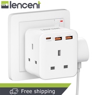 LENCENT 3-Side Charger 5 in 1 Design with 3 AC Outlets and 2 USB Ports Plug Extension 3 Way Multi Charger Wall Socket 3 Pin Singapore Plug Adaptor for Home Office 13A 3250W