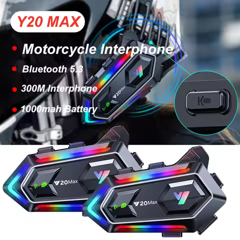 Y20 MAX Motorcycle Helmet Intercom Stereo Bluetooth5.3 Hands Free Call 1000mAh For 2 Rider Intercomu