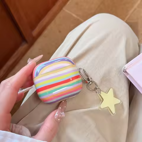 Cute Macaron Rainbow Horizontal Stripe Milk Yellow Pentagram Pendant Earphone Protect Case AirPods 2