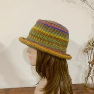 民俗風格寬簷毛線帽。。漁夫毛帽。段染色芥末黃、藍、紅、灰